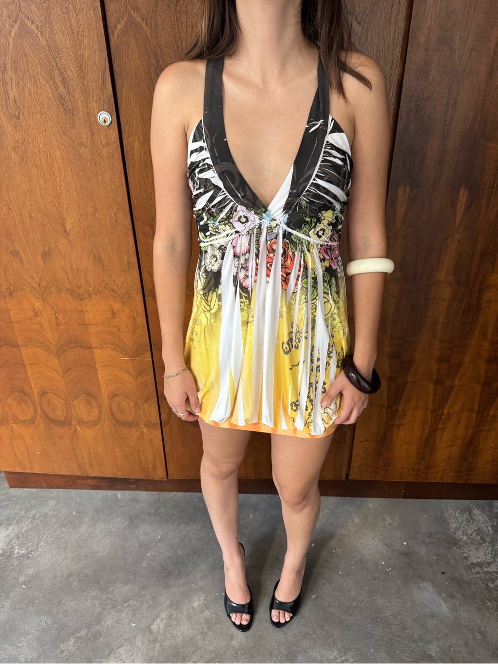 Vintage V-Neck Mini Dress in Black, White, Yellow and Pink